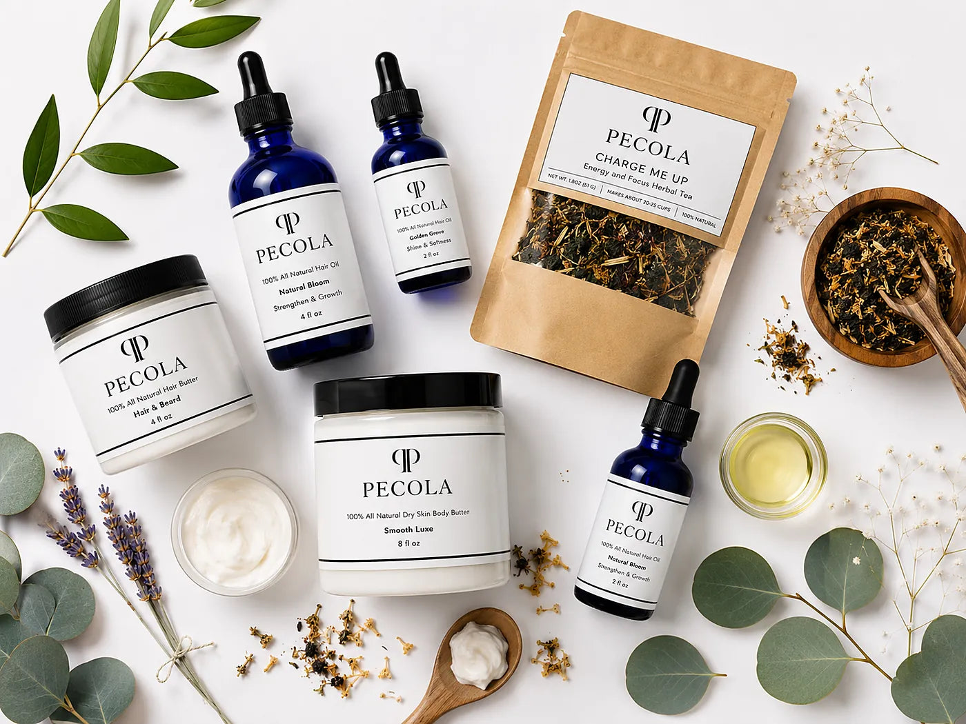 Pecola hair oils, herbal tea, body butter and botanicals