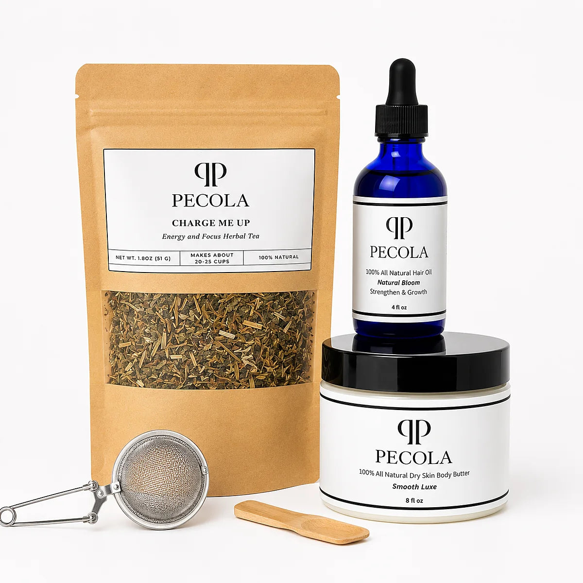 Pecola herbal tea, hair oil and body butter together
