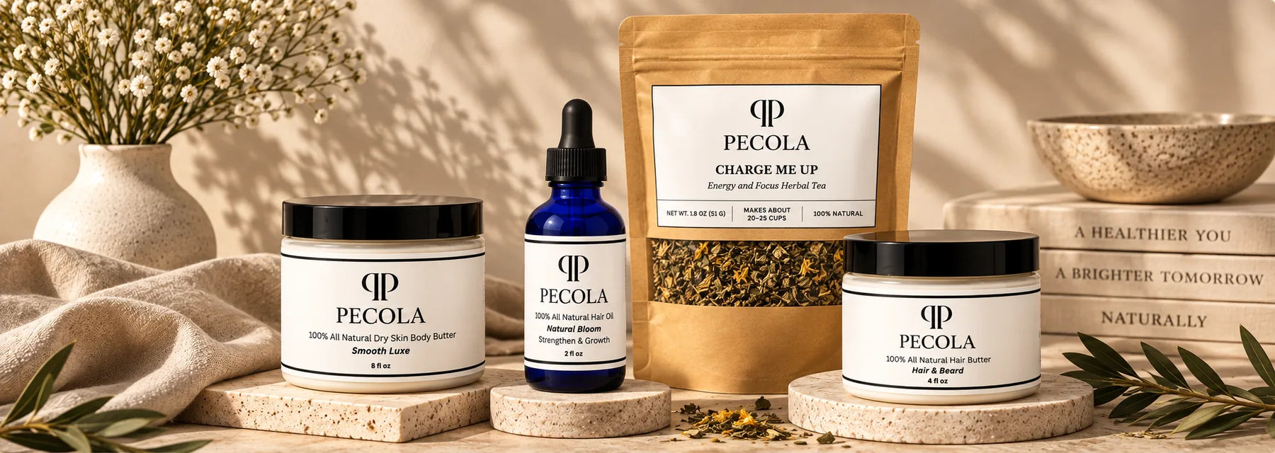 Pecola body butter, hair oil, herbal tea and hair and beard butter arranged together