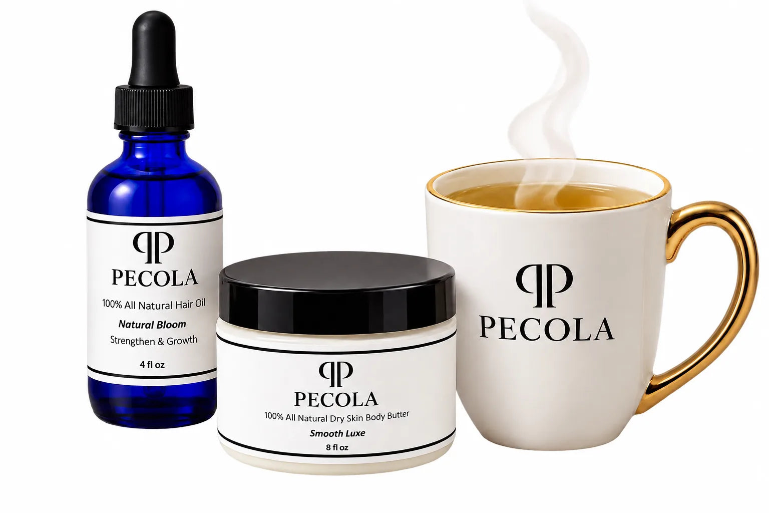 Pecola hair oil, body butter and a cup of herbal tea